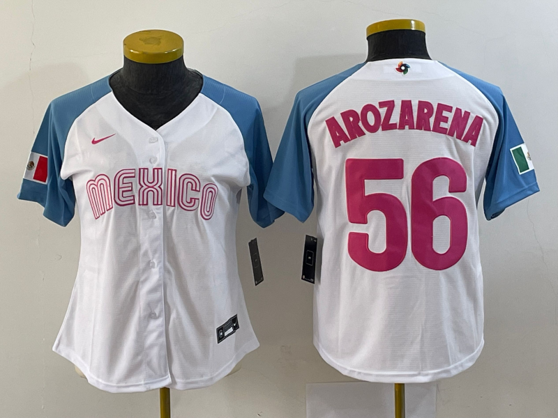 Women's White Blue Mexico Baseball #56 Randy Arozarena 2023  World Baseball Classic Stitched Jersey(Run Small)